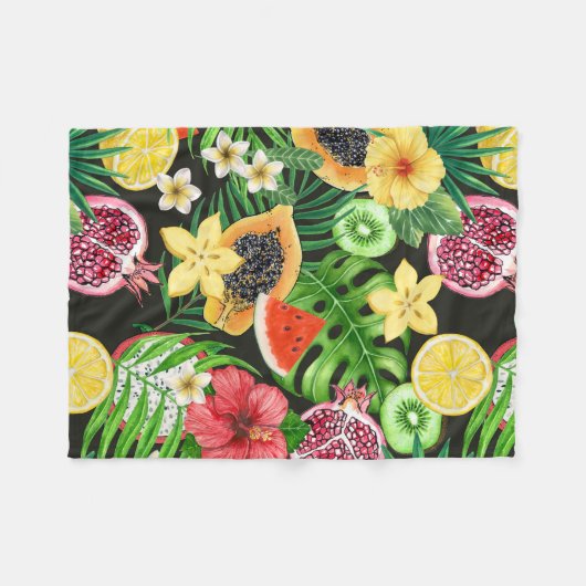 Tropische mix-fruit, bloemen en bladeren op zwart fleece deken (Voorkant (Horizontaal))