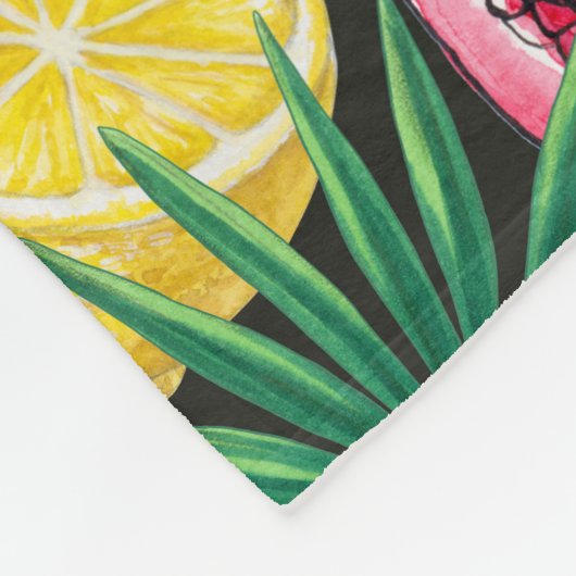 Tropische mix-fruit, bloemen en bladeren op zwart fleece deken (Hoek)