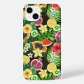 Tropische mix-fruit, bloemen en bladeren op zwart iPhone hoesje (Achterkant)