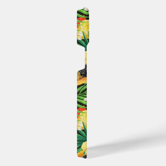 Tropische mix-fruit, bloemen en bladeren op zwart iPhone hoesje (Rechterkant)