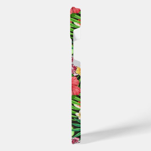 Tropische mix-fruit, bloemen en bladeren op zwart iPhone hoesje (Linkerkant)