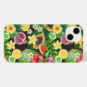 Tropische mix-fruit, bloemen en bladeren op zwart iPhone hoesje (Achterkant horizontaal)