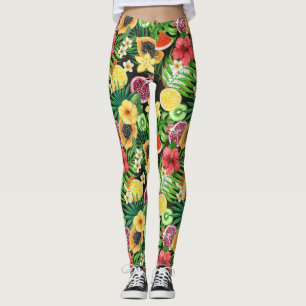 Tropische mix-fruit, bloemen en bladeren op zwart leggings
