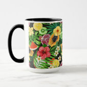 Tropische mix-fruit, bloemen en bladeren op zwart mok (Links)