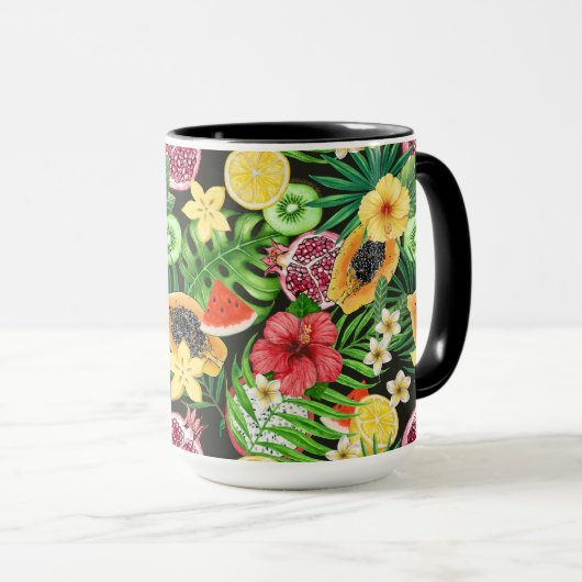 Tropische mix-fruit, bloemen en bladeren op zwart mok (Voorkant rechts)