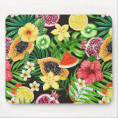 Tropische mix-fruit, bloemen en bladeren op zwart muismat (Voorkant)