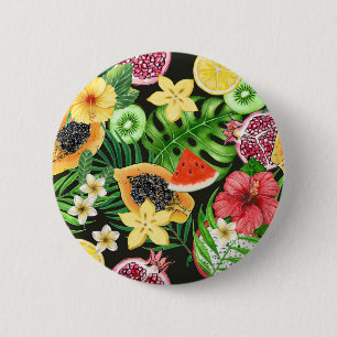 Tropische mix-fruit, bloemen en bladeren op zwart ronde button 5,7 cm