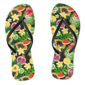 Tropische mix-fruit, bloemen en bladeren op zwart teenslippers (Voetbed)
