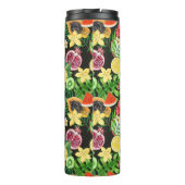 Tropische mix-fruit, bloemen en bladeren op zwart thermosbeker (Achterkant)