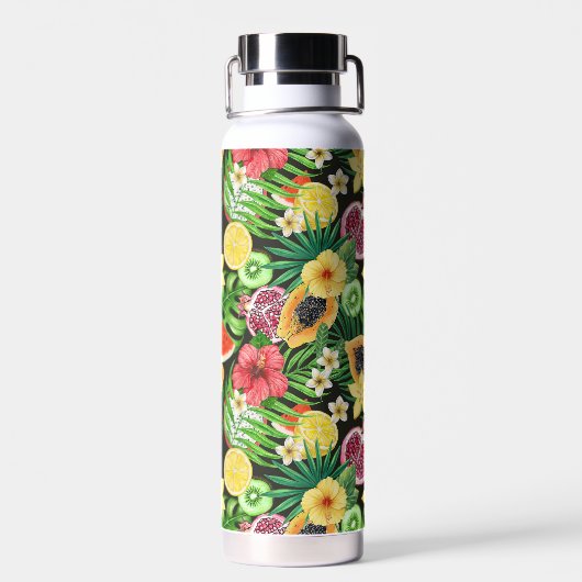Tropische mix-fruit, bloemen en bladeren op zwart waterfles (Achterkant)