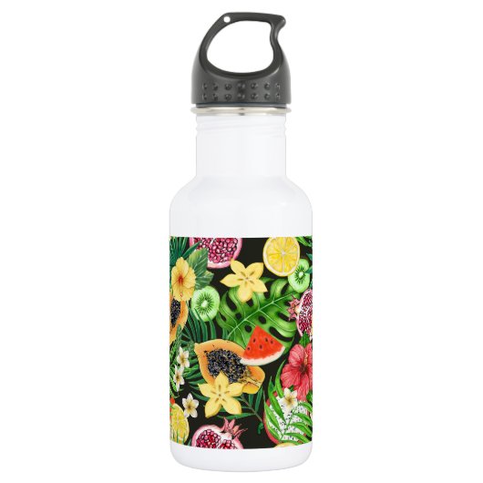Tropische mix-fruit, bloemen en bladeren op zwart waterfles (Voorkant)