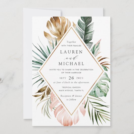 Tropische, moderne goudpalm groen, bloeiend kaart (Voorkant)