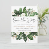 Tropische moderne palmcactus — witte flora save the date (Staand voorkant)