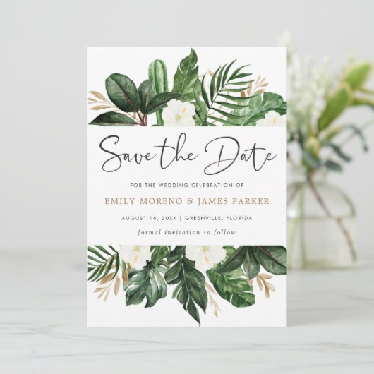 Tropische moderne palmcactus — witte flora save the date (Staand voorkant)