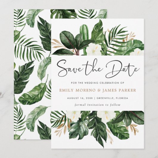 Tropische moderne palmcactus — witte flora save the date (Voorkant / Achterkant)