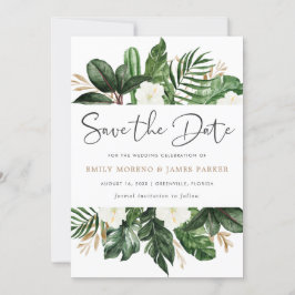 Tropische moderne palmcactus — witte flora save the date