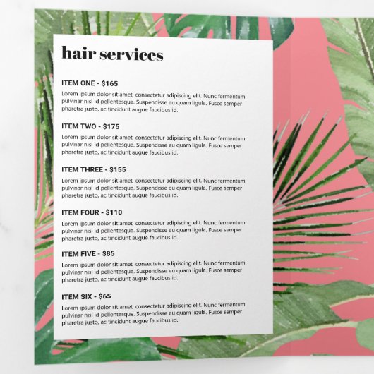 Tropische moderne salonontwerper roze brochure drieluik kaart (Binnenzijde eerst)