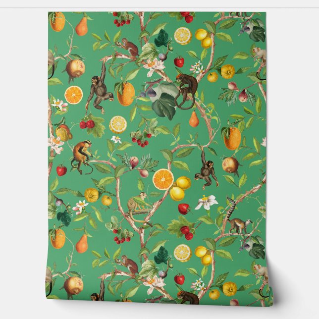 Tropische  Monkey Fruit Garden Chinoiserie Behang (Afrollen)