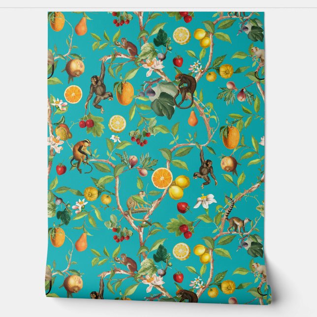 Tropische  Monkey Fruit Garden Chinoiserie Behang (Afrollen)