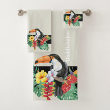 Tropische monogram naam Black Toucan Bathroom