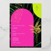 Tropische Monogram Neon Arches Palm Tree Bruiloft Folie Uitnodiging (Voorkant)