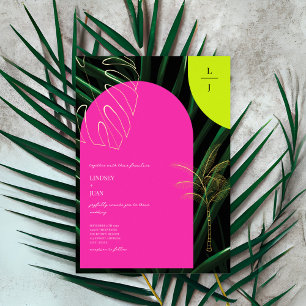 Tropische Monogram Neon Bogen Palmboom Trouwdag Folie Uitnodiging