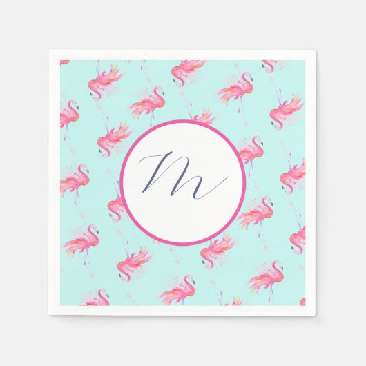 Tropische monogram roze flamingo Waterverf Servet (Voorkant)