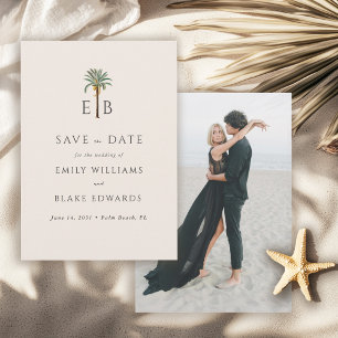 Tropische Monogram Trouwkaart 'Palm Logo' Save the Date