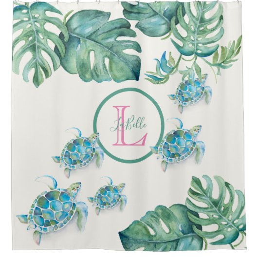 Tropische monogram Zee Turtle Douchegordijn (Voorkant)