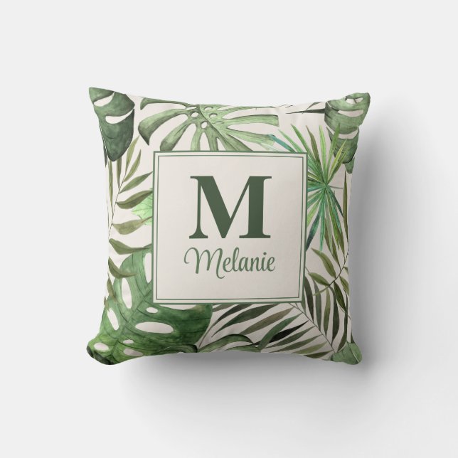 Tropische Monstera Aangepaste Naam en Initiaal Kussen (Voorkant)