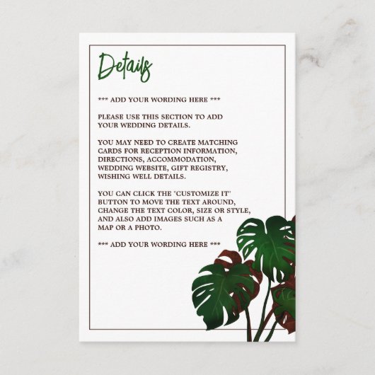 Tropische Monstera Beach bruiloft detail Informatiekaartje (Voorkant)