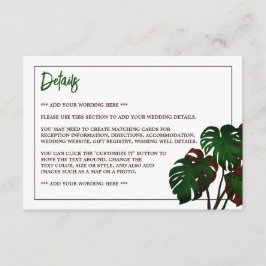 Tropische Monstera Beach bruiloft detail Informatiekaartje