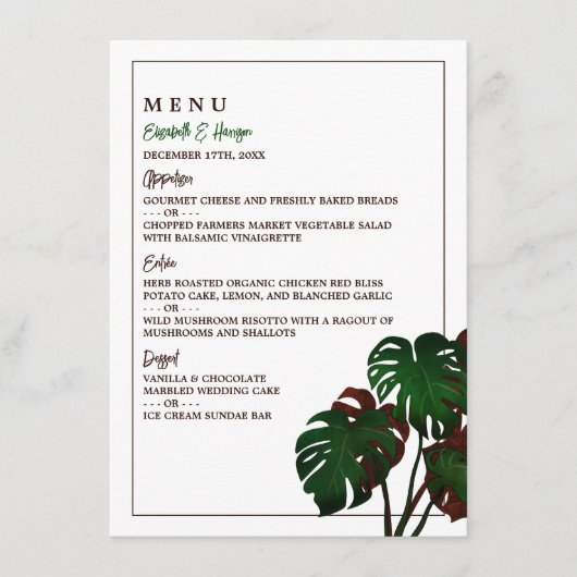 Tropische Monstera Beach bruiloft Menu (Voorkant)