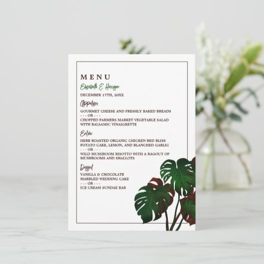 Tropische Monstera Beach bruiloft Menu (Staand voorkant)