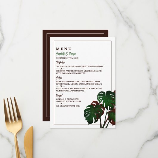 Tropische Monstera Beach bruiloft Menu (Voorkant / Achterkant in situ)