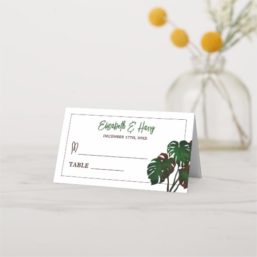 Tropische Monstera Beach bruiloft Plaatskaartje (Voorkant)