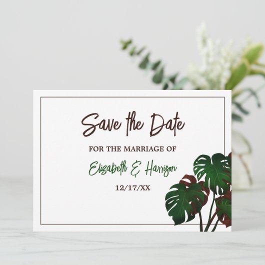 Tropische Monstera Beach bruiloft Save The Date (Staand voorkant)