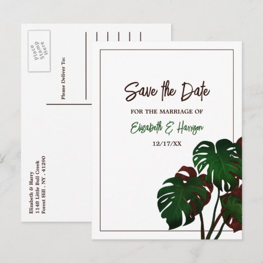 Tropische Monstera Beach Bruiloft Save the Date Aankondigingskaart (Voorkant / Achterkant)