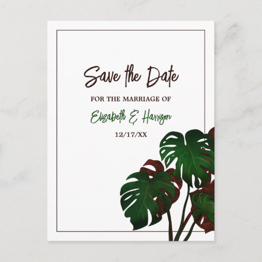 Tropische Monstera Beach Bruiloft Save the Date Aankondigingskaart (Voorkant)