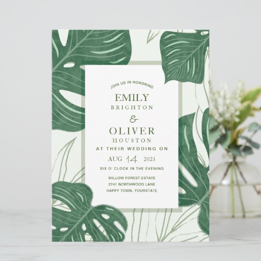 Tropische Monstera blad bruiloft uitnodigingen (Staand voorkant)