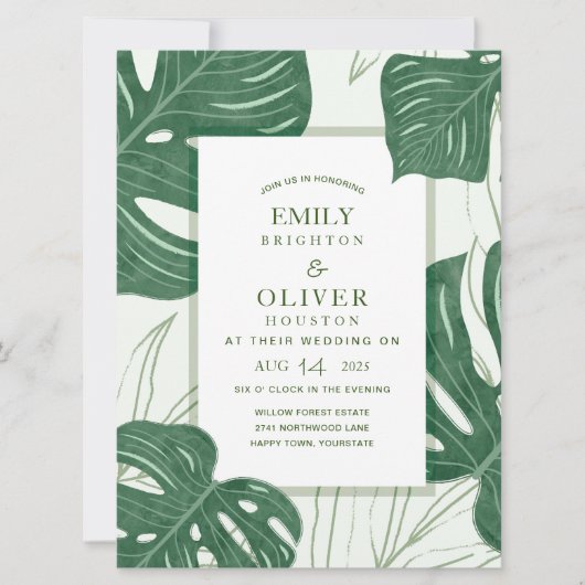 Tropische Monstera blad bruiloft uitnodigingen (Voorkant)