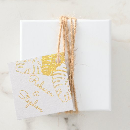 Tropische Monstera Bladeren Bruiloft ECHT FOIL Bedankjes Labels (Met doos)