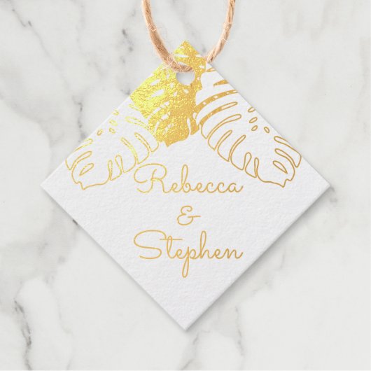 Tropische Monstera Bladeren Bruiloft ECHT FOIL Bedankjes Labels (Voorkant)