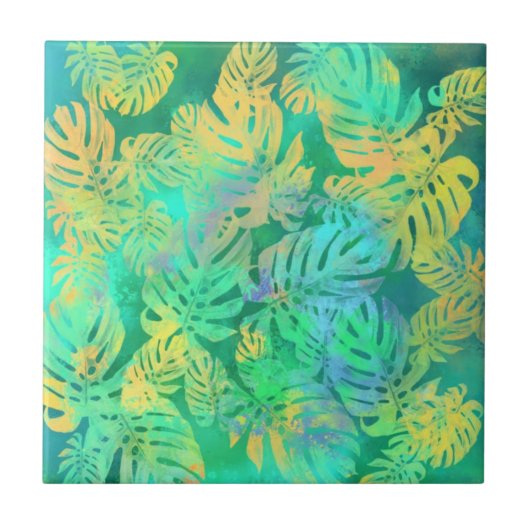 Tropische monstera bladeren - exotisch tegeltje (Voorkant)