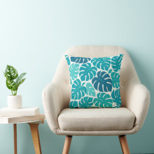 Tropische Monstera Bladpatroon in Blauw en Blauwgr Kussen