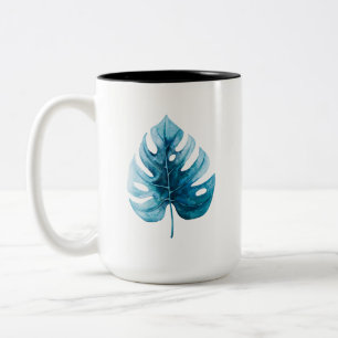 Tropische monstera blauw Waterverf Tweekleurige Koffiemok