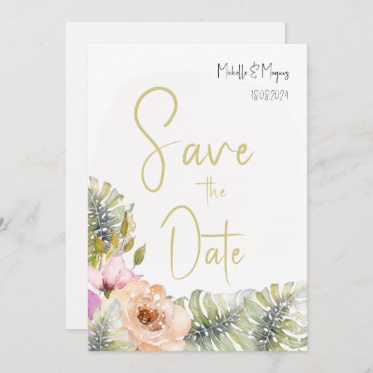 Tropische Monstera Boho Bloem Waterverf Kunst Save The Date (Voorkant / Achterkant)