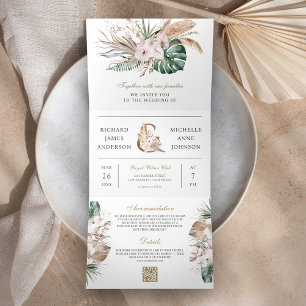 Tropische Monstera Boho Pampas QR Code Huwelijk Drieluik Uitnodiging