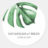 Tropische monstera bruiloft Names & Date Wedding Ronde Sticker (Voorkant)