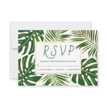 Tropische monstera en palmbladeren bruiloft RSVP